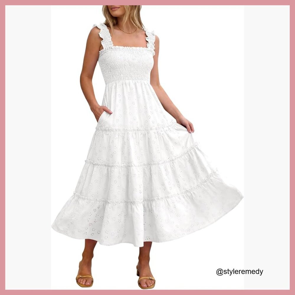 Rayon Summer Midi Dress with Square Neck Smocked Bodice and Pockets